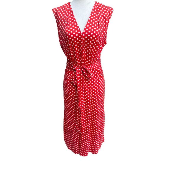 Vintage Womens Red & White Polka Dot V Neck Tie Waist Sleeveless Midi Dress - Picture 1 of 11